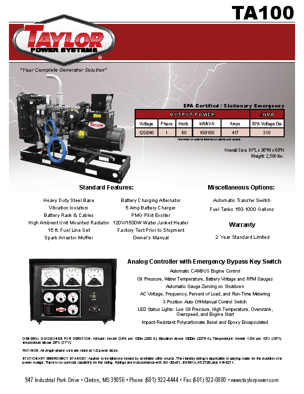 Generator Spec Sheet