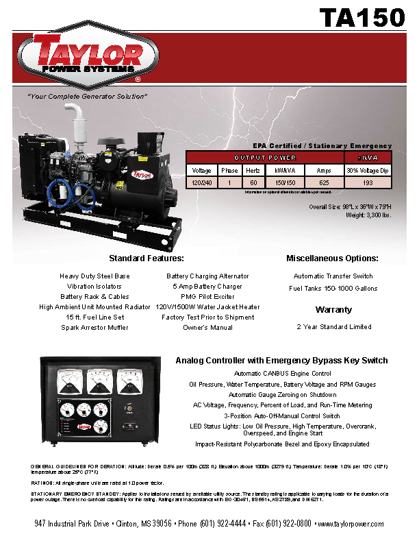 Generator Spec Sheet