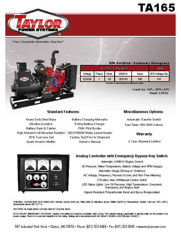 Generator Spec Sheet