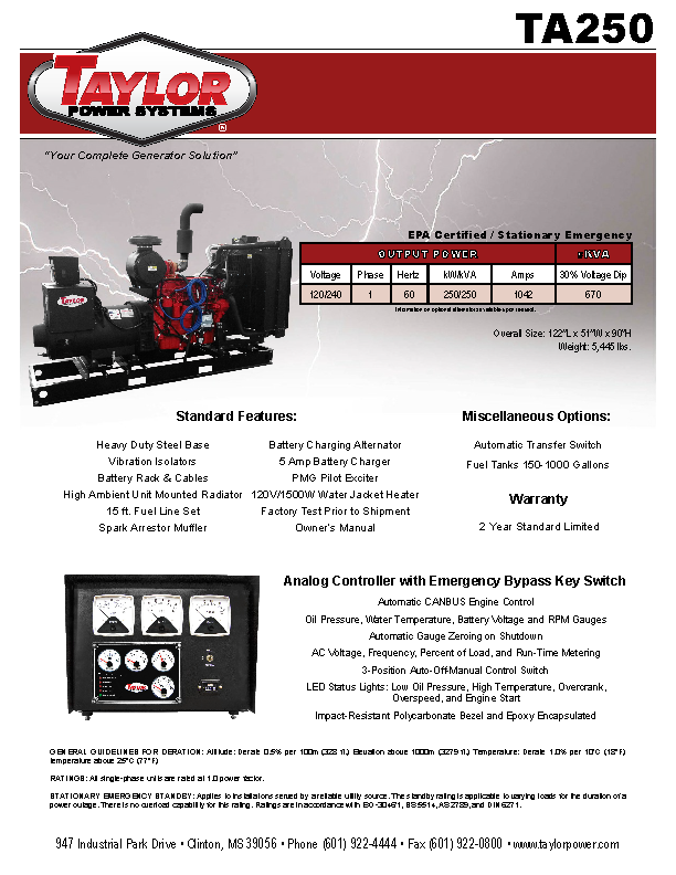 Generator Spec Sheet