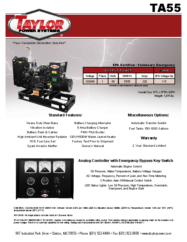 Generator Spec Sheet