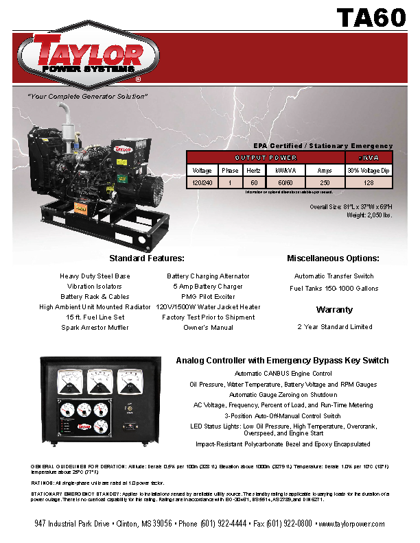 Generator Spec Sheet