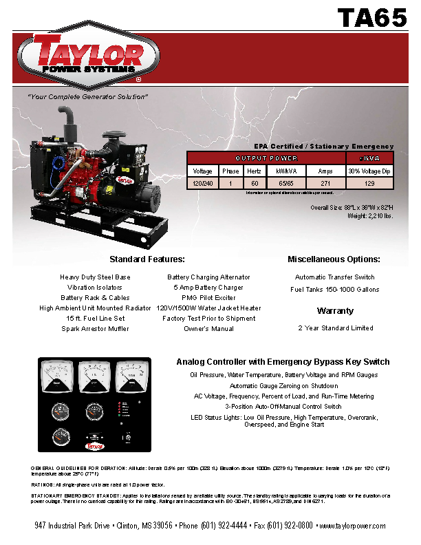 Generator Spec Sheet