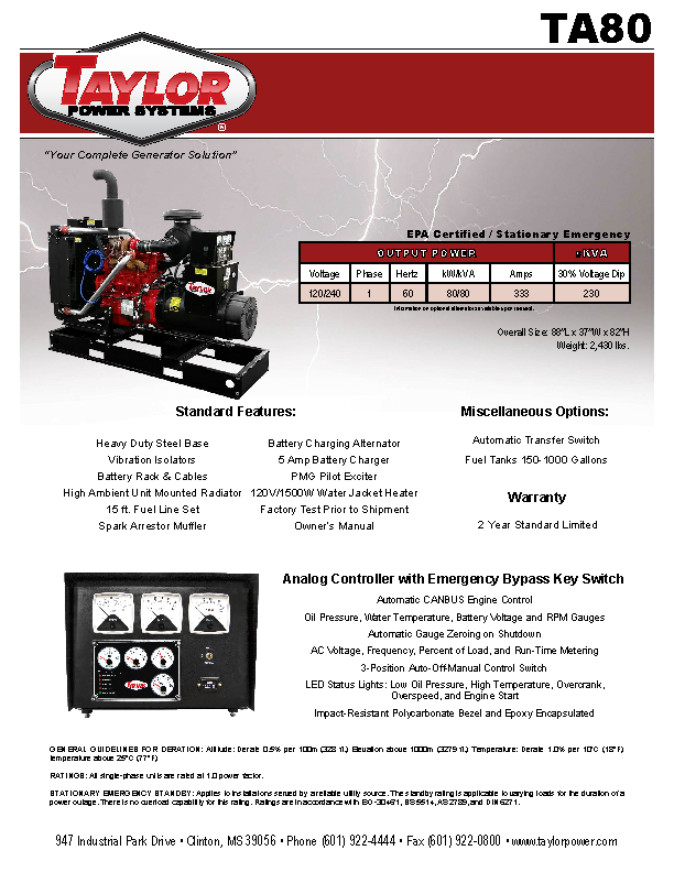 Generator Spec Sheet