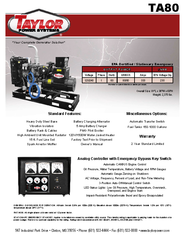 Generator Spec Sheet