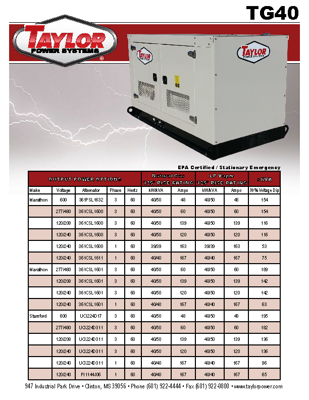 Generator Spec Sheet