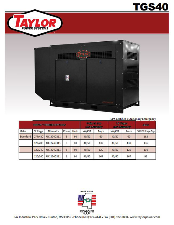 Generator Spec Sheet